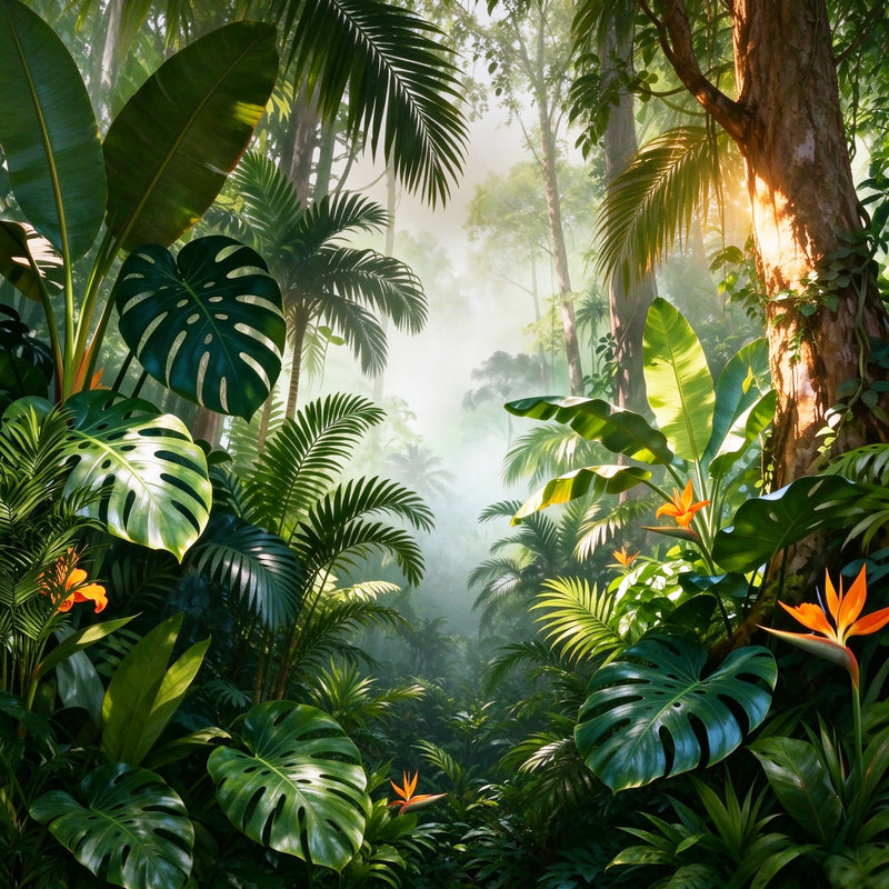 Tropical Monstera Jungle Wall Mural — Lush Rainforest with Bird of Paradise Wallpaper