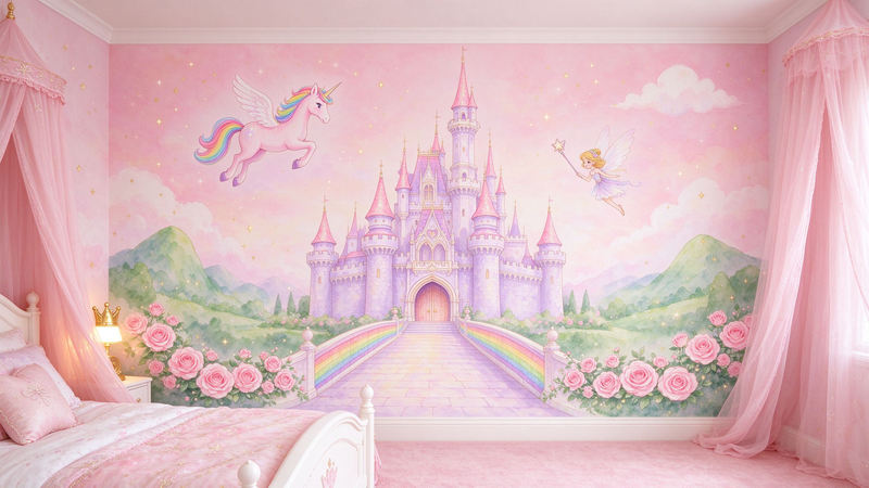 Pink Princess Castle Unicorn Wall Mural, Fairy Tale Girls Room Wallpaper