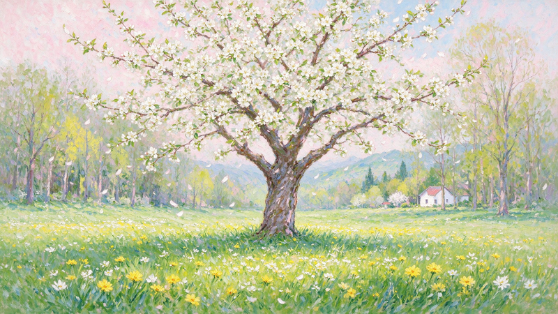 Blooming Spring Tree Wall Mural, Floral Meadow Nursery Wallpaper
