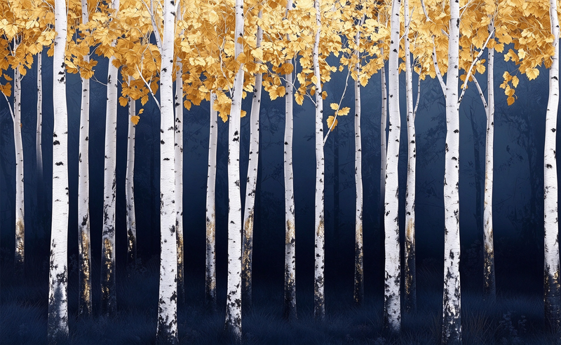 Golden Birch Forest Wall Mural, Navy Blue Background Autumn Tree Wallpaper Mural