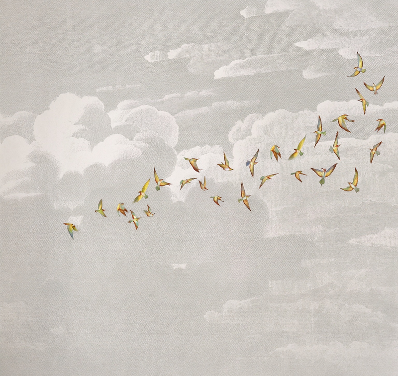 Wabi Sabi Cloud Flying Birds Wall Mural | Soft Textured Neutral Wallpaper | Minimalist Removable Wall Art for Living Room Bedroom