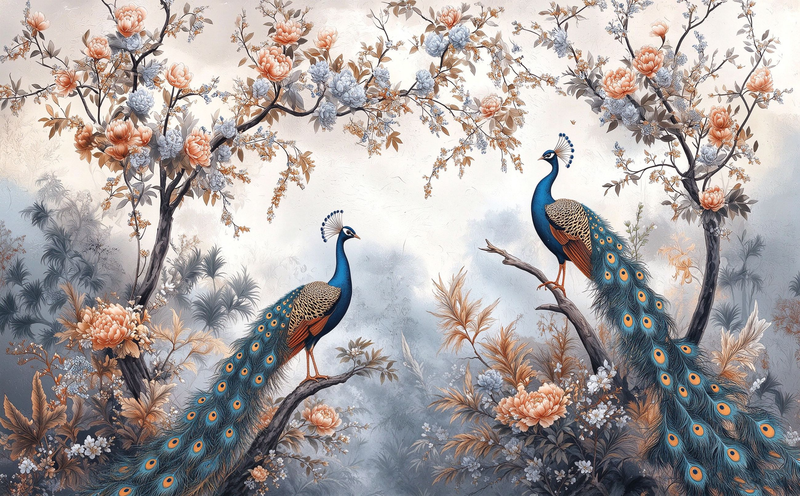 Chinoiserie Bird Floral Peacock Wallpaper Mural | Peach Blue Botanical Peel and Stick