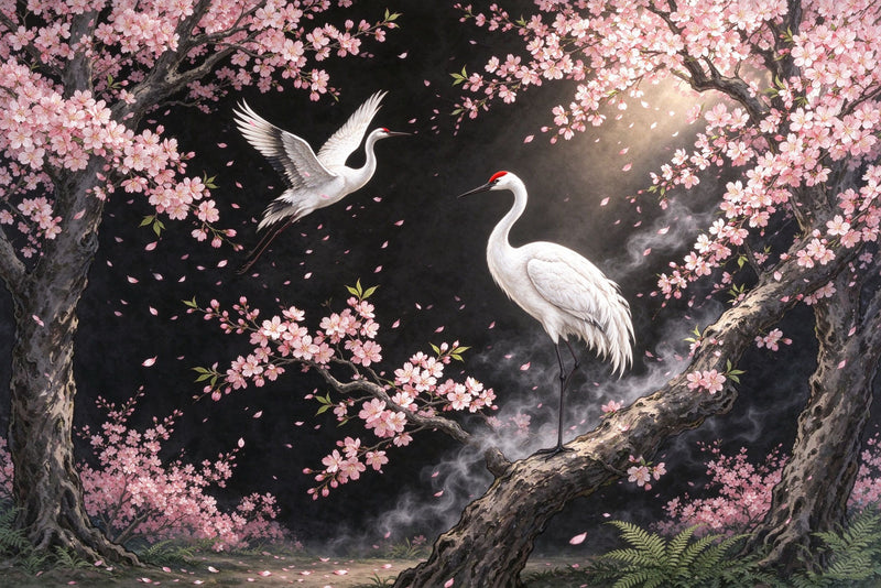 Cherry Blossom Red-Crowned Crane Wallpaper Mural | Romantic Oriental Peel and Stick