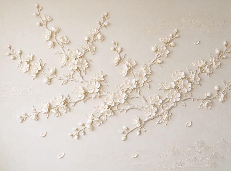 3D Relief Plum Blossom Branch Wall Mural | Beige Textured Cloud Landscape Wallpaper