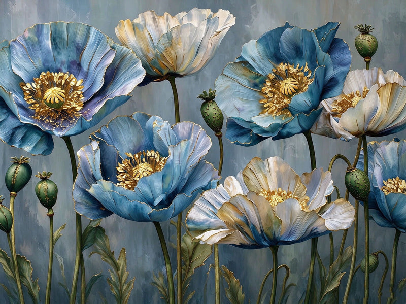 Blue Poppy Flower Oil Painting Wallpaper Mural | Vibrant Impasto Floral Peel and Stick