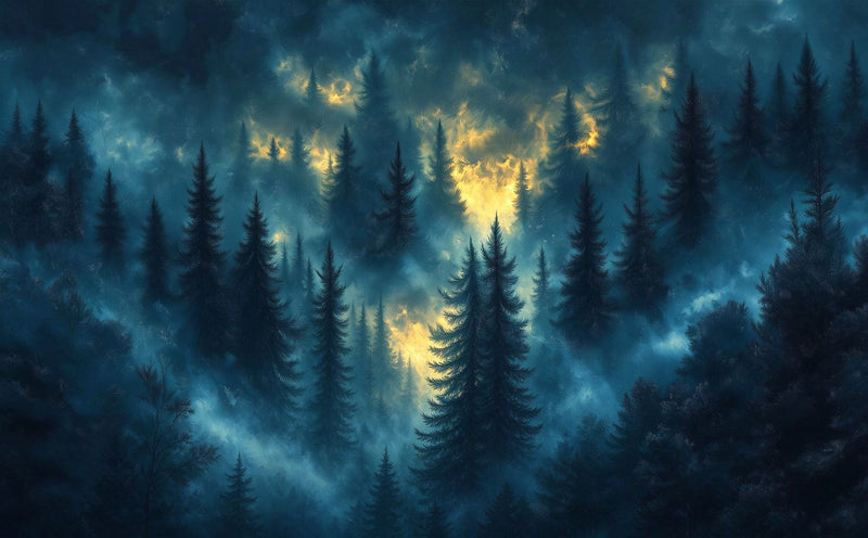 Dark Misty Pine Forest Wall Mural | Moody Night Woodland with Golden Light Wallpaper