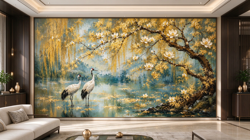 Oil Painting Style Floral Crane Wallpaper | Premium Mural Gold Branch White Flower Wallpaper