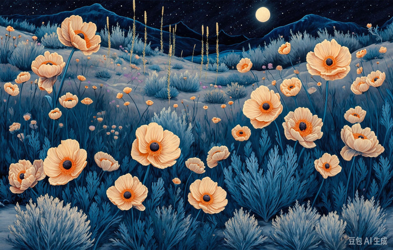 Moonlight Poppy Field Wall Mural | Night Sky Floral Landscape Peel and Stick Wallpaper