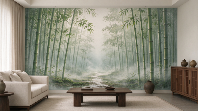 Ink Wash Bamboo Forest Wall Mural, Minimalist Oriental Zen Wallpaper