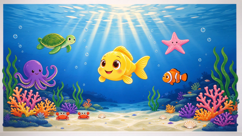 Cartoon Underwater Sea World Kids Wall Mural, Ocean Fish Nursery Wallpaper