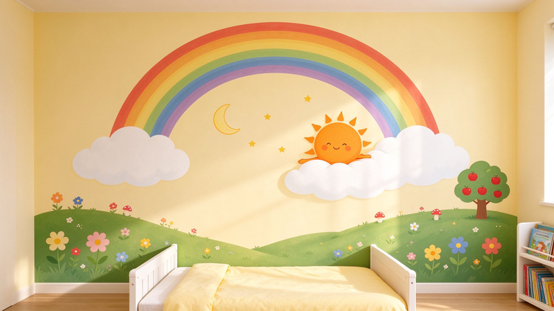 Rainbow Sun Clouds Kids Wall Mural, Sunny Hills Nursery Wallpaper