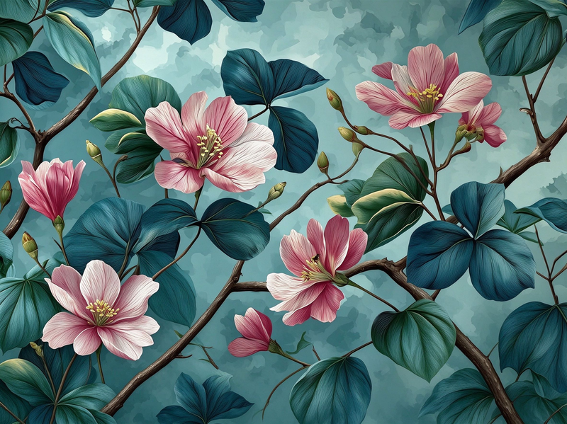 Chinoiserie Botanical Teal Floral Wallpaper – Pink Magnolia Peel and Stick Wallpaper Mural