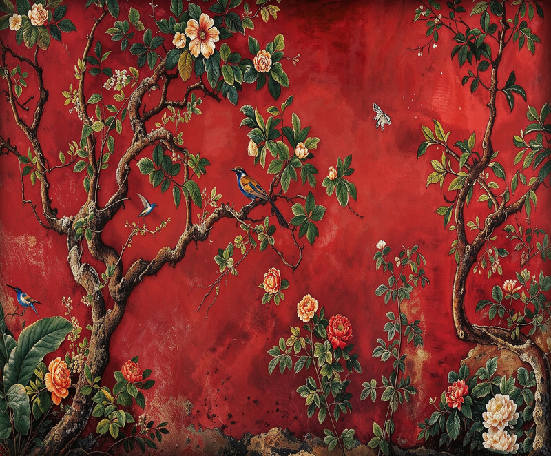 Antique Red Chinoiserie Floral Bird Wall Mural | Moody Vintage Peony Tree Wallpaper | Custom Removable Wall Art for Dining Room Accent Wall