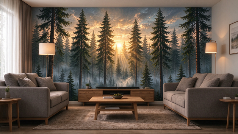 Foggy Pine Forest Wall Mural, Fresh Morning Nature Scenery Wallpaper