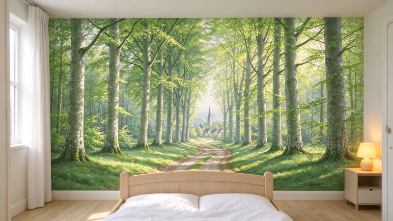 European Beech Tree Forest Path Wall Mural, Spring Green Woodland Wallpaper