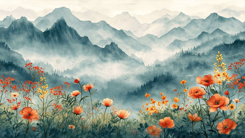Watercolor Mountain Wildflower Valley Wall Mural | Chinese Ink Style Landscape Peel and Stick Wallpaper