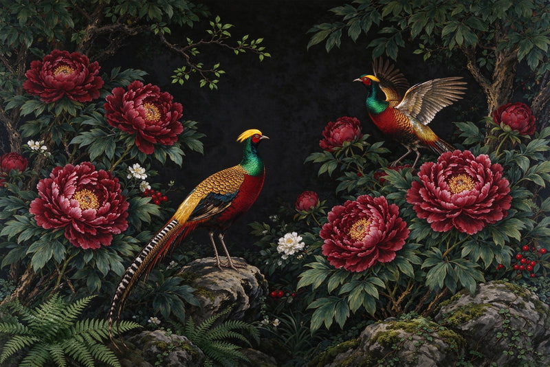 Peony Golden Pheasant Wallpaper Mural | Vintage Botanical Chinoiserie Peel and Stick