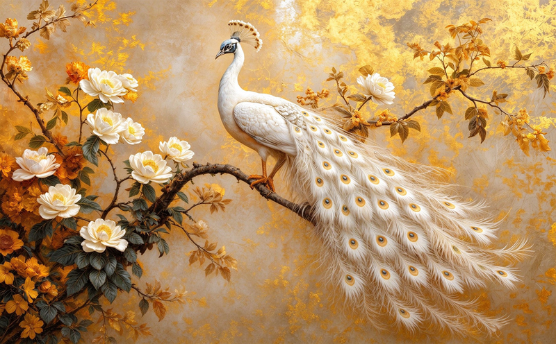 Golden White Peacock Floral Wallpaper Mural | Luxury Gold Botanical Peel and Stick Wall Art