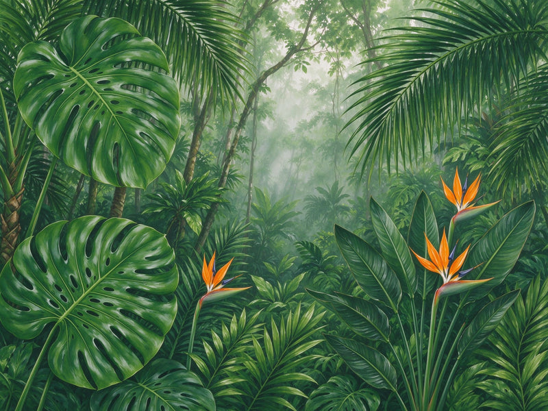 Modern Tropical Monstera Wall Mural — Lush Jungle with Bird of Paradise Wallpaper