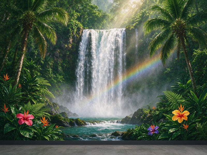 Tropical Waterfall Wall Mural — Rainbow Jungle Rainforest with Palm Trees Wallpaper