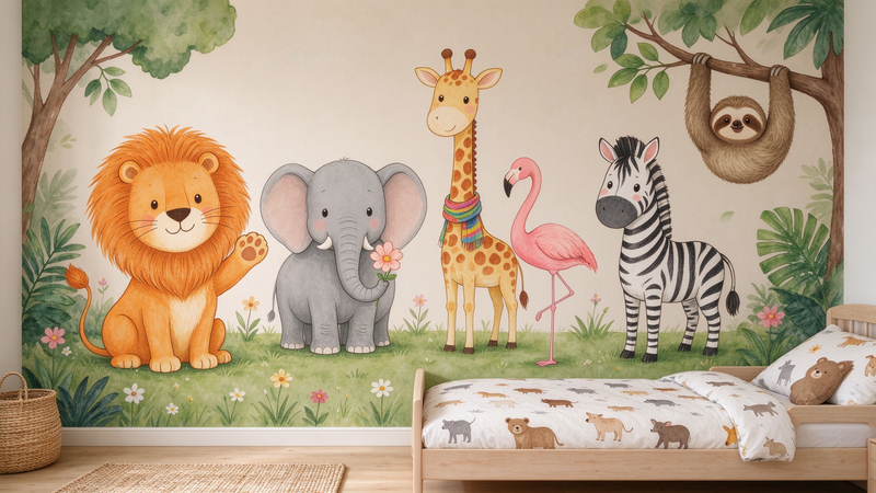 Safari Zoo Animals Watercolor Wall Mural, Lion Elephant Giraffe Kids Wallpaper