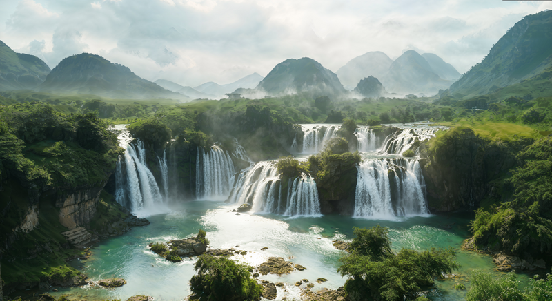 Tropical Waterfall Mountain River Wall Wallpaper, Green Scenic