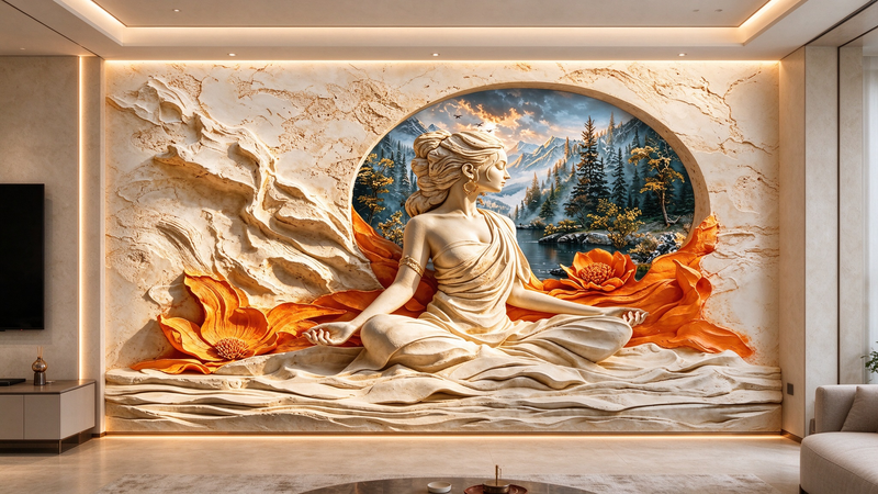 3D Lotus Mountain Buddha statue Wallpaper