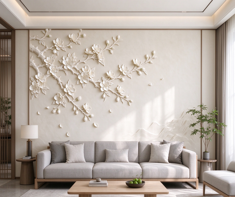 3D Relief Floral Branch Wall Mural | Neutral Beige Textured Wallpaper Bedroom Feature Wall