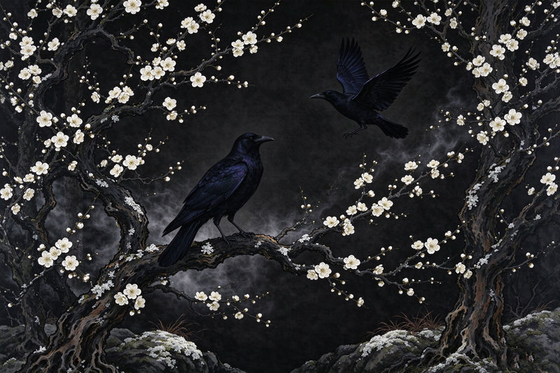 White Plum Blossom Black Crow Wallpaper Mural | Dark Gothic Oriental Peel and Stick
