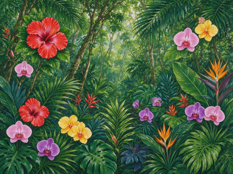 Colorful Tropical Flower Wall Mural — Vibrant Jungle Rainforest Wallpaper
