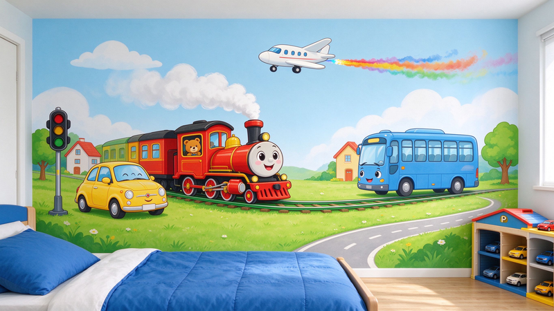 Cute Cartoon Vehicles Train Plane Kids Wall Mural, Boys Room Wallpaper