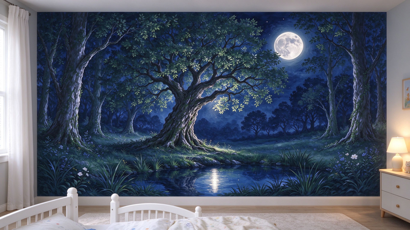 Moonlit Forest Night Wall Mural, Mystical Moon Tree Bedroom Wallpaper