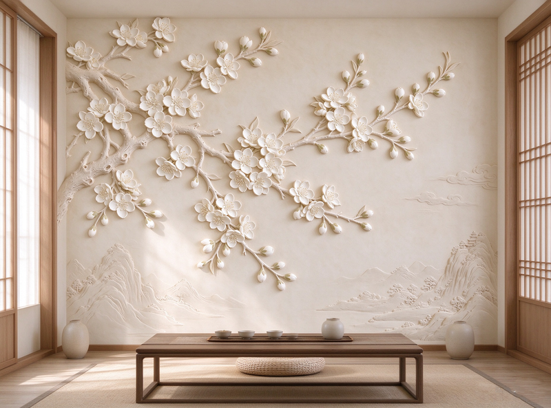 Wabi-Sabi 3D White Flower Wall Mural | Minimalist New Chinese Wall Decor Wallpaper