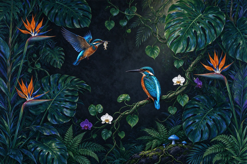 Tropical Rainforest Kingfisher Wallpaper Mural | Jungle Botanical Peel and Stick