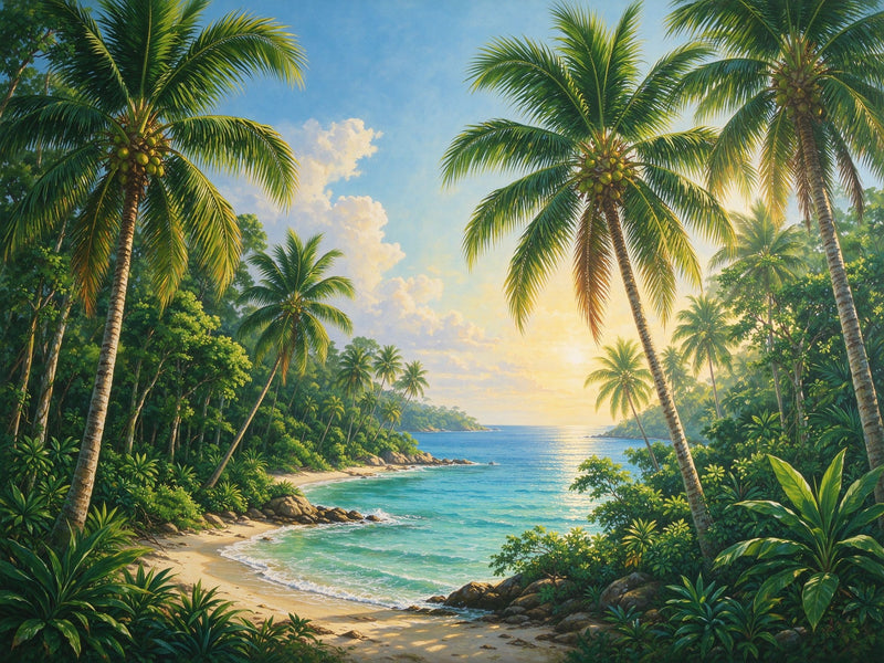 Tropical Beach Wall Mural — Palm Tree Coast with Ocean View Wallpaper