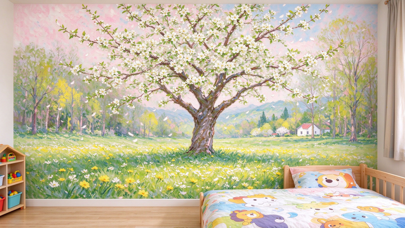 Blooming Spring Tree Wall Mural, Floral Meadow Nursery Wallpaper
