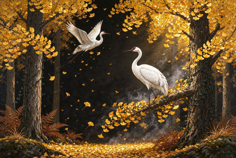 Golden Ginkgo Forest Red-Crowned Crane Wallpaper Mural | Autumn Oriental Peel and Stick