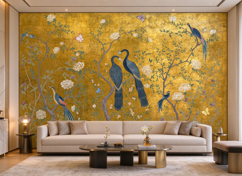 Luxury Retro Gold Bird Garden Wallpaper Mural