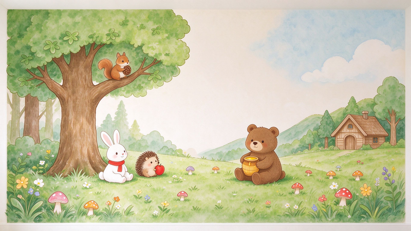 Watercolor Forest Animals Nursery Wall Mural, Woodland Kids Room Wallpaper Decal