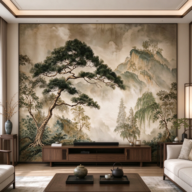 Ink Landscape Pine Tree Wallpaper Mural | Bedroom and living room decoration painting