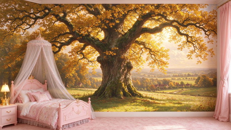 Golden Autumn Oak Tree Wall Mural, Vintage European Landscape Wallpaper