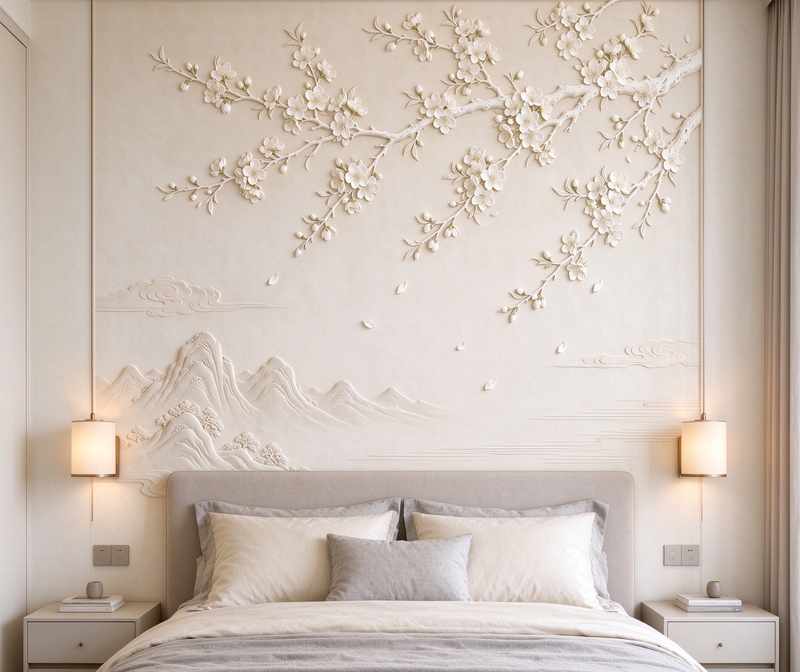 3D Embossed Magnolia Branch Wall Mural | Wide Cream Landscape Wallpaper for Living Room