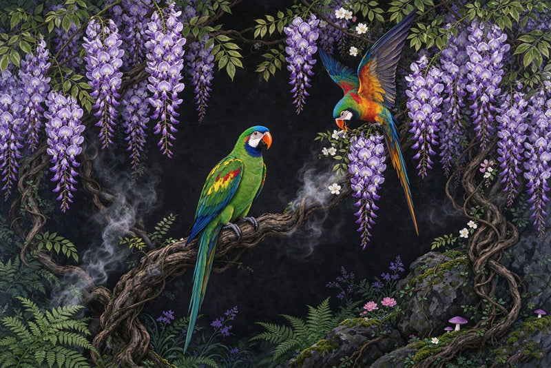 Wisteria Parrot Wallpaper Mural | Tropical Purple Floral Bird Peel and Stick Wall Art