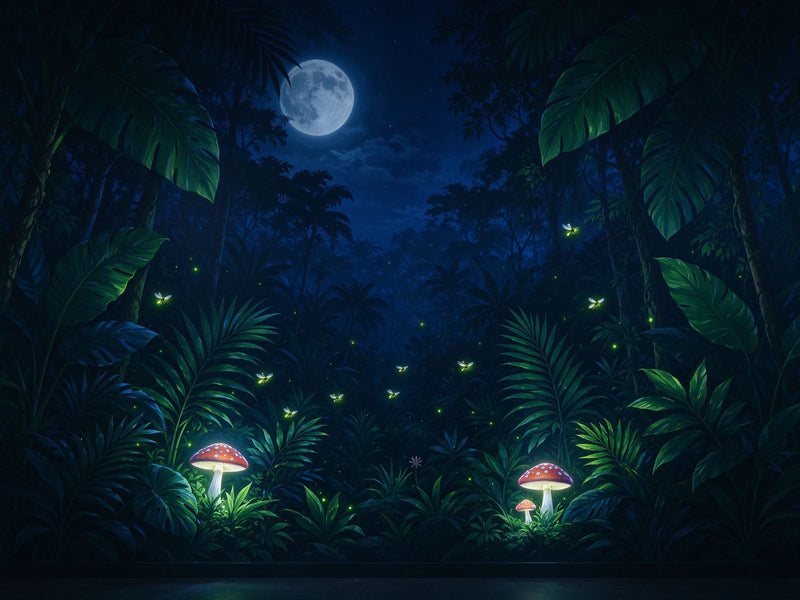 Night Tropical Jungle Wall Mural — Moonlight Rainforest with Fireflies Wallpaper
