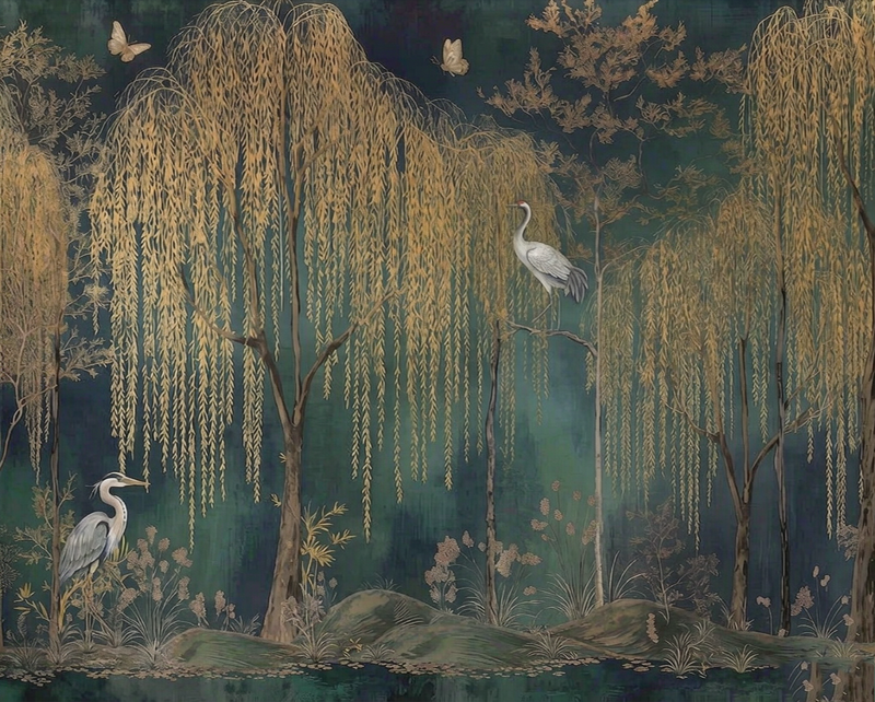 Elegant Crane & Willow Tree Wall Mural, Traditional Chinese Scenery Wallpaper