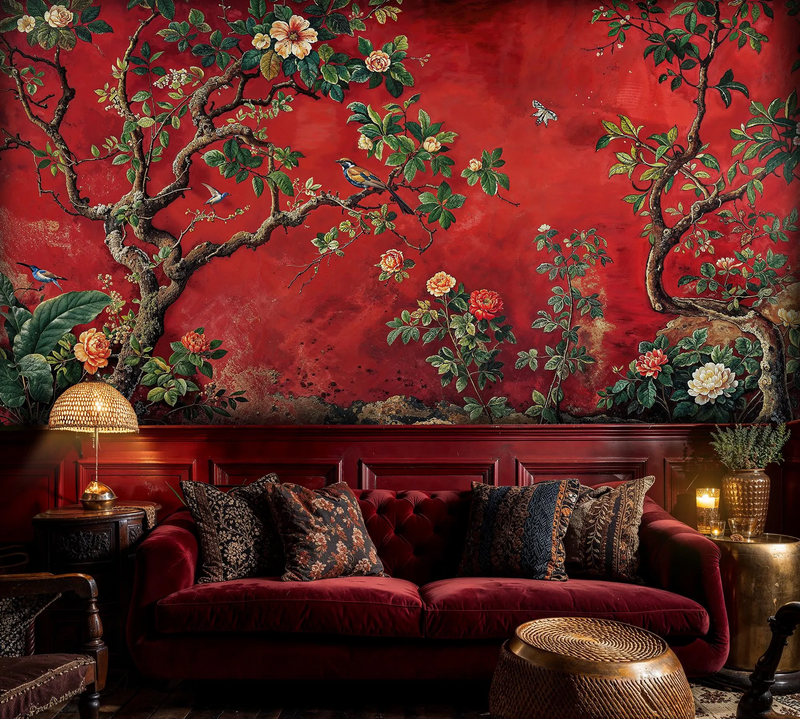 Antique Red Chinoiserie Floral Bird Wall Mural | Moody Vintage Peony Tree Wallpaper | Custom Removable Wall Art for Dining Room Accent Wall