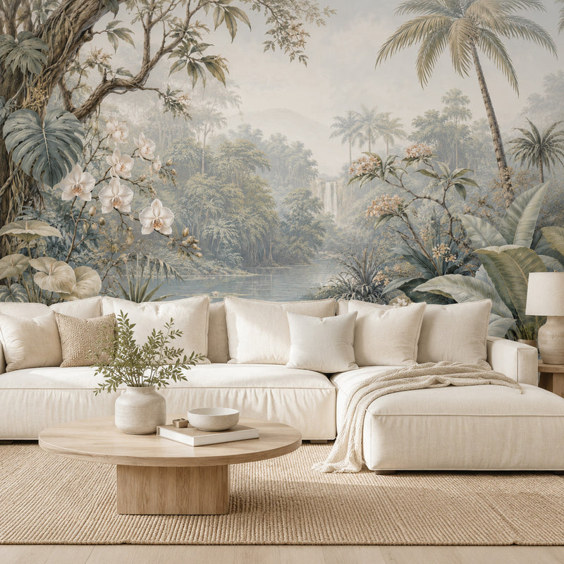Vintage Tropical Jungle Waterfall Wallpaper