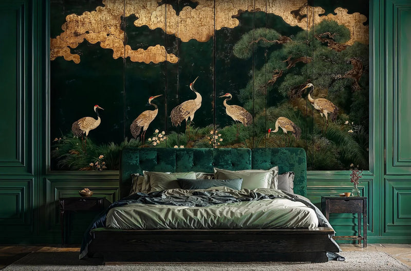 Vintage Chinoiserie Gold Foil Crane Wall Mural | Dark Green Pine Tree Screen Wallpaper | Custom Removable Wall Art for Living Room Study