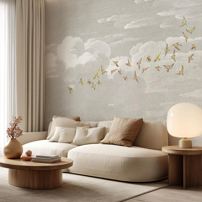 Wabi Sabi Cloud Flying Birds Wall Mural | Soft Textured Neutral Wallpaper | Minimalist Removable Wall Art for Living Room Bedroom