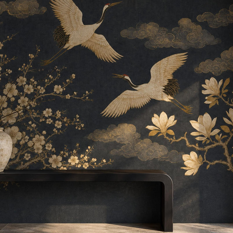 Navy Gold Crane & Blossom Luxury Wallpaper